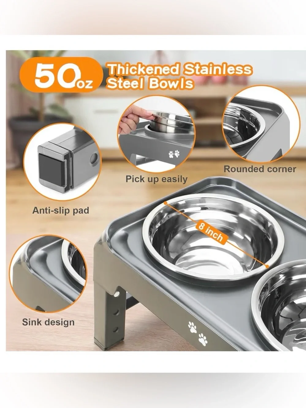 Elevated Bowls, 4 Height Adjustable Raised Stand With 2 Thick 50oz Stainless